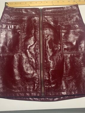 Burgundy Patent-Look Zip Front Mini Skirt Ladies Size XS
